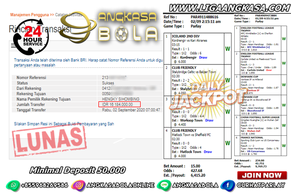 Jackpot Mix Parlay Jebol Bosku Rabu 2 September 2020