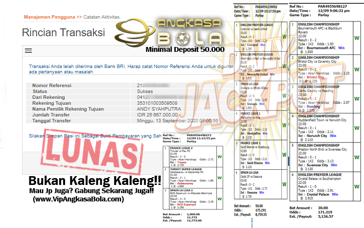 Jackpot Mix Parlay Jebol Bosku Minggu 13 September 2020