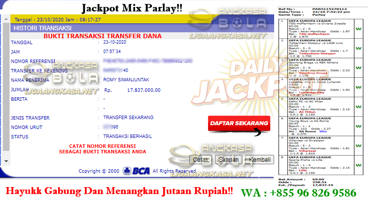 Pemenang Jackpot Besar Mix Parlay 23 Oktober 2020