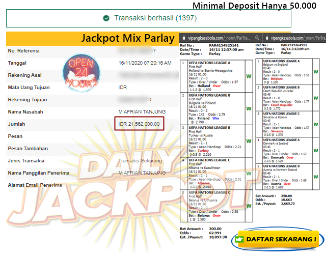 Pemenang Jackpot Besar Mix Parlay 16 November 2020