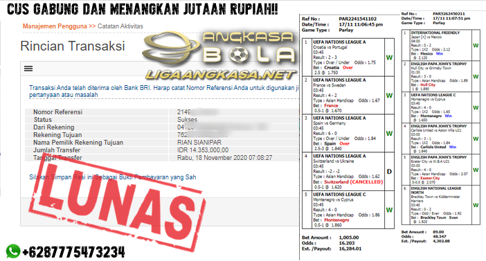 Pemenang Jackpot Besar Mix Parlay Di Angkasabola 18 November 2020