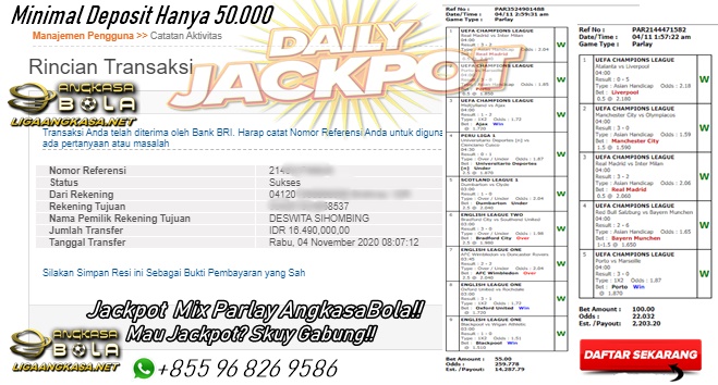 Pemenang Jackpot Besar Mix Parlay 04 November 2020