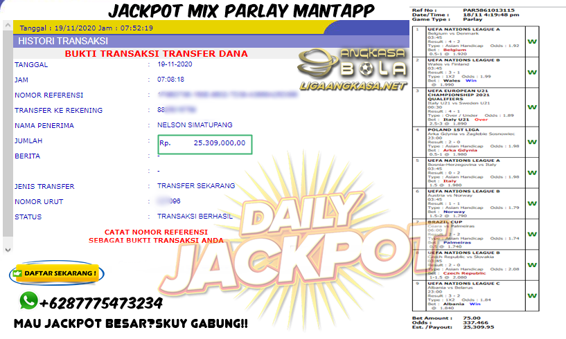 Pemenang Jackpot Besar Mix Parlay Di Angkasabola 19 November 2020