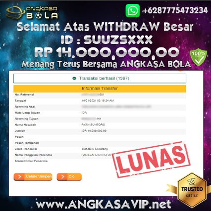 Pemenang Jackpot Besar Mix Parlay Di Angkasabola 14 January 2021