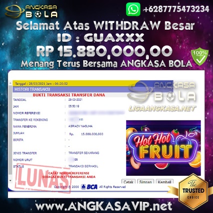 Bukti Menang Besar SLOT HOT HOT FRUIT 28 Maret 2021 Angkasabola