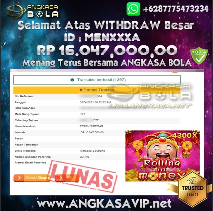 Bukti Menang Besar Slot Jdb Rolling In Money 5 April 2021 Angkasabola