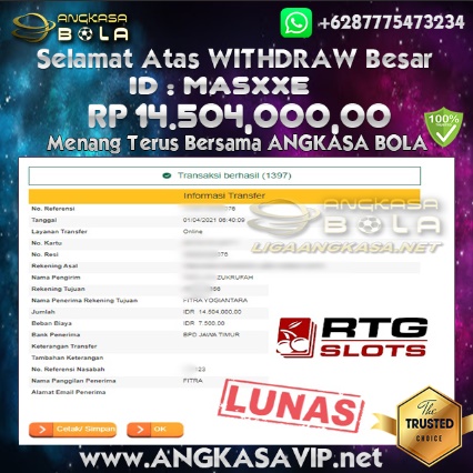 Bukti Menang Besar SLOT RTG 1 April 2021 Angkasabola