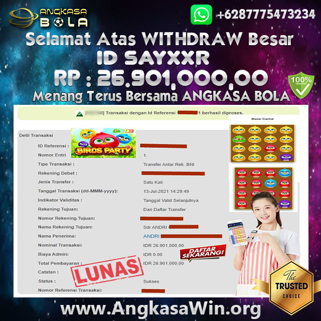 Bukti Menang Besar Slot BIRDS PARTY 13 Juli 2021 Angkasabola