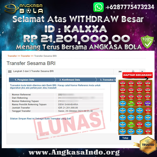 Bukti Menang Besar JDB BIRDS PARTY 25 Oktober 2021 Angkasabola