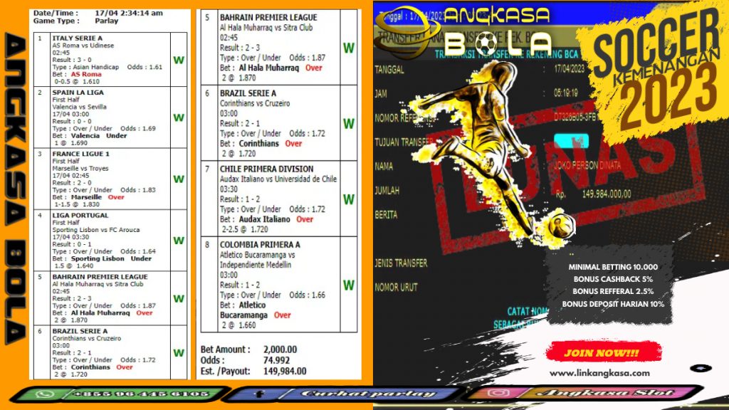 INFO KEMENANGAN SPORTBOOKS 17 APRIL 2023